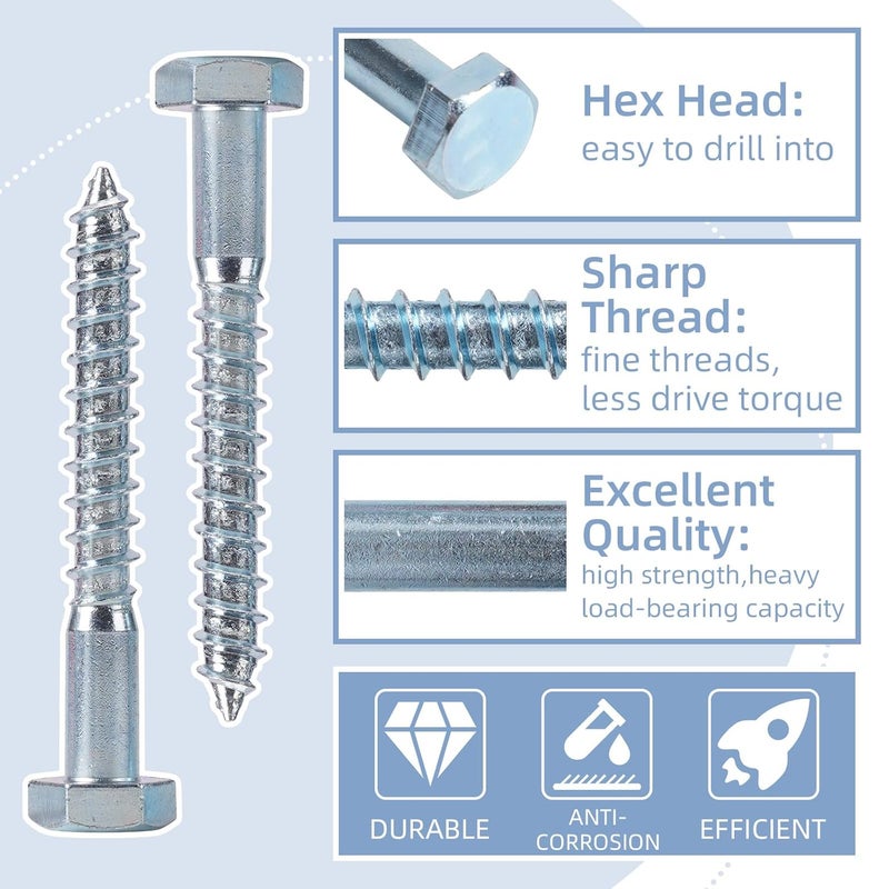 AiVeUao 100 Pack Wood Lag Screws, 3/8" x 3" Hex Head Lag Bolts, Heavy Duty Hex Head Lag Screws, Wood Screw with Washers - Image 3